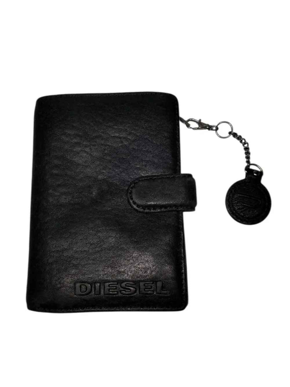 Vintage Y2K Diesel Bi-Fold Wallet w/Charm Black Leather Zipper Magnetic-Snap